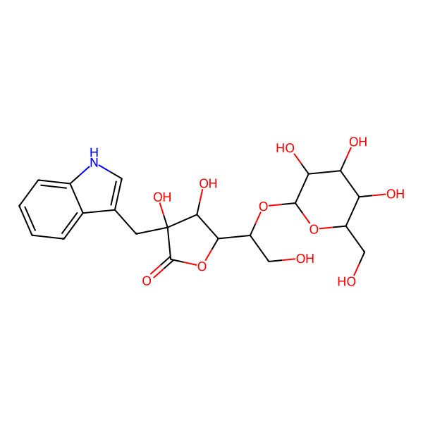 2D Structure of 3,4-dihydroxy-5-[2-hydroxy-1-[3,4,5-trihydroxy-6-(hydroxymethyl)oxan-2-yl]oxyethyl]-3-(1H-indol-3-ylmethyl)oxolan-2-one