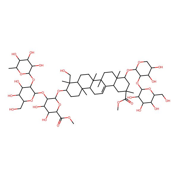 2D Structure of methyl (2S,3S,4S,5R,6R)-6-[[(3S,4S,4aR,6aR,6bS,8aR,9R,11S,12aS,14aR,14bR)-9-[(2S,3R,4S,5S)-4,5-dihydroxy-3-[(2S,3R,4S,5S,6R)-3,4,5-trihydroxy-6-(hydroxymethyl)oxan-2-yl]oxyoxan-2-yl]oxy-4-(hydroxymethyl)-11-methoxycarbonyl-4,6a,6b,8a,11,14b-hexamethyl-1,2,3,4a,5,6,7,8,9,10,12,12a,14,14a-tetradecahydropicen-3-yl]oxy]-5-[(2S,3R,4S,5R,6R)-4,5-dihydroxy-6-(hydroxymethyl)-3-[(2S,3R,4R,5R,6S)-3,4,5-trihydroxy-6-methyloxan-2-yl]oxyoxan-2-yl]oxy-3,4-dihydroxyoxane-2-carboxylate