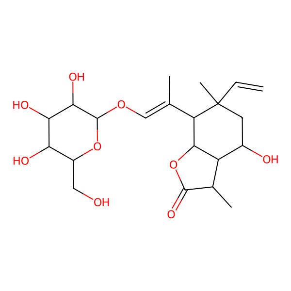 2D Structure of (3S,3aR,4S,6S,7R,7aR)-6-ethenyl-4-hydroxy-3,6-dimethyl-7-[(E)-1-[(2R,3R,4S,5S,6R)-3,4,5-trihydroxy-6-(hydroxymethyl)oxan-2-yl]oxyprop-1-en-2-yl]-3,3a,4,5,7,7a-hexahydro-1-benzofuran-2-one