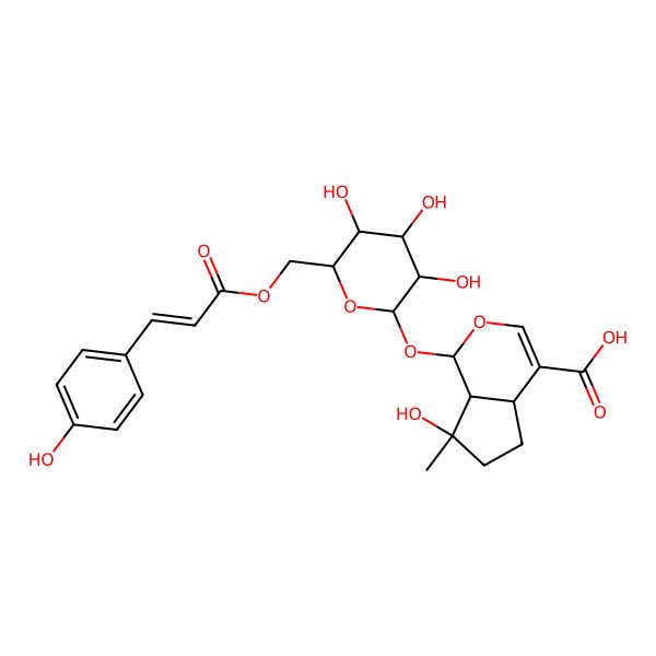 2D Structure of 7-hydroxy-7-methyl-1-[3,4,5-trihydroxy-6-[3-(4-hydroxyphenyl)prop-2-enoyloxymethyl]oxan-2-yl]oxy-4a,5,6,7a-tetrahydro-1H-cyclopenta[c]pyran-4-carboxylic acid