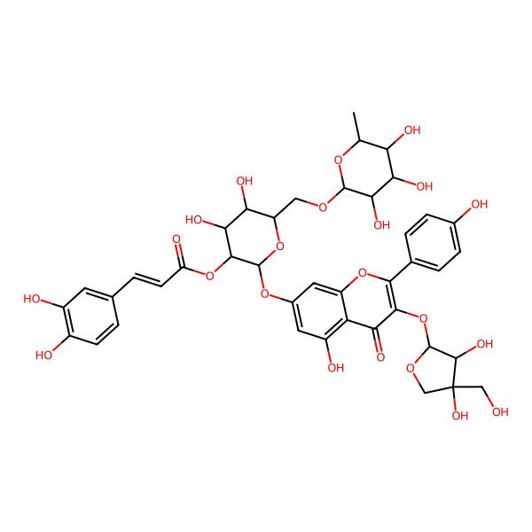 2D Structure of [(2S,3R,4S,5S,6S)-2-[3-[(2S,3S,4S)-3,4-dihydroxy-4-(hydroxymethyl)oxolan-2-yl]oxy-5-hydroxy-2-(4-hydroxyphenyl)-4-oxochromen-7-yl]oxy-4,5-dihydroxy-6-[[(2S,3S,4R,5R,6S)-3,4,5-trihydroxy-6-methyloxan-2-yl]oxymethyl]oxan-3-yl] (E)-3-(3,4-dihydroxyphenyl)prop-2-enoate
