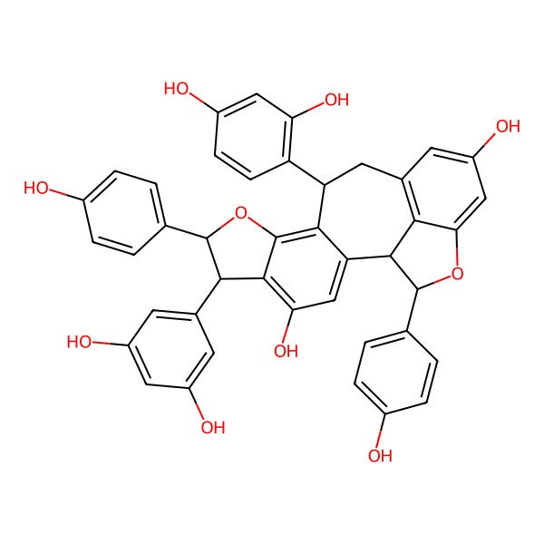 2D Structure of 11-(2,4-Dihydroxyphenyl)-6-(3,5-dihydroxyphenyl)-7,19-bis(4-hydroxyphenyl)-8,18-dioxapentacyclo[11.6.1.02,10.05,9.017,20]icosa-2,4,9,13(20),14,16-hexaene-4,15-diol