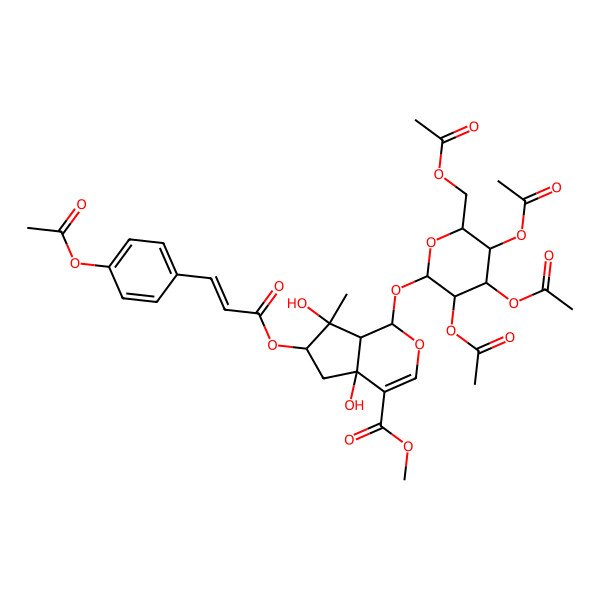 2D Structure of Methyl 6-[3-(4-acetyloxyphenyl)prop-2-enoyloxy]-4a,7-dihydroxy-7-methyl-1-[3,4,5-triacetyloxy-6-(acetyloxymethyl)oxan-2-yl]oxy-1,5,6,7a-tetrahydrocyclopenta[c]pyran-4-carboxylate