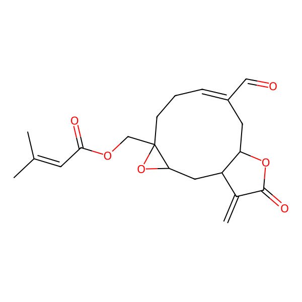 2D Structure of [(1R,3R,5R,8E,11S)-9-formyl-14-methylidene-13-oxo-4,12-dioxatricyclo[9.3.0.03,5]tetradec-8-en-5-yl]methyl 3-methylbut-2-enoate