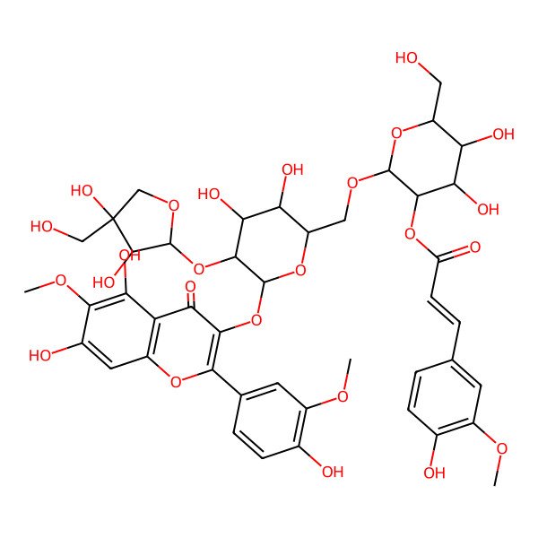2D Structure of [(2R,3R,4S,5S,6R)-2-[[(2R,3S,4S,5R,6S)-6-[5,7-dihydroxy-2-(4-hydroxy-3-methoxyphenyl)-6-methoxy-4-oxochromen-3-yl]oxy-5-[(2S,3R,4R)-3,4-dihydroxy-4-(hydroxymethyl)oxolan-2-yl]oxy-3,4-dihydroxyoxan-2-yl]methoxy]-4,5-dihydroxy-6-(hydroxymethyl)oxan-3-yl] (E)-3-(4-hydroxy-3-methoxyphenyl)prop-2-enoate