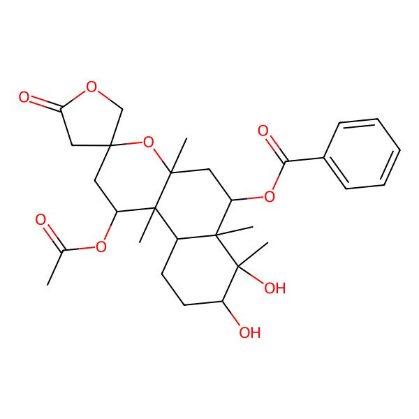 2D Structure of [(1S,3S,4aS,6S,6aS,7R,8R,10aS,10bS)-1-acetyloxy-7,8-dihydroxy-4a,6a,7,10b-tetramethyl-2'-oxospiro[1,2,5,6,8,9,10,10a-octahydrobenzo[f]chromene-3,4'-oxolane]-6-yl] benzoate