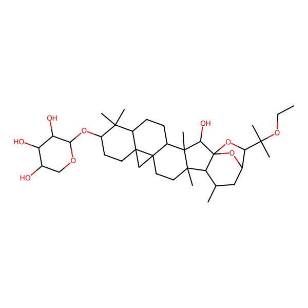 2D Structure of (2S,3R,4S,5R)-2-[[(1R,2R,3S,4R,7R,9S,12R,14S,17R,18R,19R,22S)-22-(2-ethoxypropan-2-yl)-2-hydroxy-3,8,8,17,19-pentamethyl-23,24-dioxaheptacyclo[19.2.1.01,18.03,17.04,14.07,12.012,14]tetracosan-9-yl]oxy]oxane-3,4,5-triol