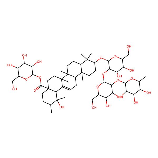 2D Structure of [(2S,3R,4S,5S,6R)-3,4,5-trihydroxy-6-(hydroxymethyl)oxan-2-yl] (1R,2R,4aS,6aS,6bR,10S,12aR)-10-[(2R,3R,4S,5S,6R)-3-[(2S,3R,4S,5S,6R)-4,5-dihydroxy-6-(hydroxymethyl)-3-[(2S,3R,4R,5R,6S)-3,4,5-trihydroxy-6-methyloxan-2-yl]oxyoxan-2-yl]oxy-4,5-dihydroxy-6-(hydroxymethyl)oxan-2-yl]oxy-1-hydroxy-1,2,6a,6b,9,9,12a-heptamethyl-2,3,4,5,6,6a,7,8,8a,10,11,12,13,14b-tetradecahydropicene-4a-carboxylate