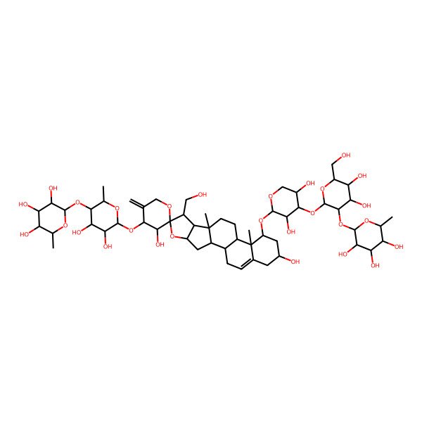2D Structure of (2S,3R,4R,5R,6S)-2-[(2R,3S,4R,5R,6S)-6-[(1S,2S,3'S,4S,4'S,6S,7R,8R,9S,12S,13R,14R,16R)-14-[(2S,3R,4S,5R)-4-[(2S,3R,4S,5S,6R)-4,5-dihydroxy-6-(hydroxymethyl)-3-[(2S,3R,4R,5R,6S)-3,4,5-trihydroxy-6-methyloxan-2-yl]oxyoxan-2-yl]oxy-3,5-dihydroxyoxan-2-yl]oxy-3',16-dihydroxy-7-(hydroxymethyl)-9,13-dimethyl-5'-methylidenespiro[5-oxapentacyclo[10.8.0.02,9.04,8.013,18]icos-18-ene-6,2'-oxane]-4'-yl]oxy-4,5-dihydroxy-2-methyloxan-3-yl]oxy-6-methyloxane-3,4,5-triol