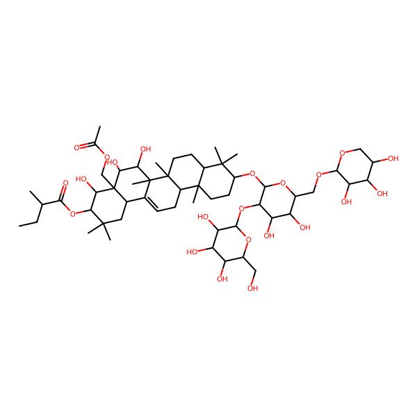 2D Structure of [(3R,4R,4aR,5S,6R,6aR,6aS,6bR,8aR,10S,12aR,14bS)-4a-(acetyloxymethyl)-10-[(2R,3R,4S,5S,6R)-4,5-dihydroxy-3-[(2S,3R,4S,5S,6R)-3,4,5-trihydroxy-6-(hydroxymethyl)oxan-2-yl]oxy-6-[[(2S,3R,4S,5S)-3,4,5-trihydroxyoxan-2-yl]oxymethyl]oxan-2-yl]oxy-4,5,6-trihydroxy-2,2,6a,6b,9,9,12a-heptamethyl-1,3,4,5,6,6a,7,8,8a,10,11,12,13,14b-tetradecahydropicen-3-yl] (2S)-2-methylbutanoate