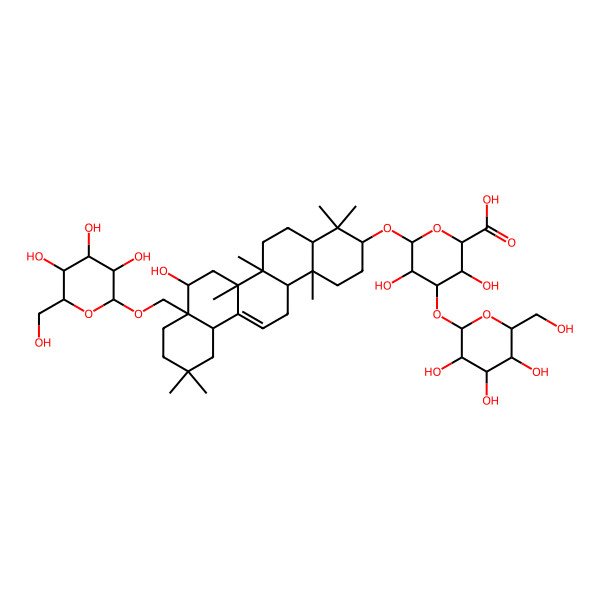 2D Structure of (2S,3S,4S,5R,6R)-6-[[(3S,4aR,6aR,6bS,8S,8aS,12aS,14aR,14bR)-8-hydroxy-4,4,6a,6b,11,11,14b-heptamethyl-8a-[[(2S,3R,4S,5S,6R)-3,4,5-trihydroxy-6-(hydroxymethyl)oxan-2-yl]oxymethyl]-1,2,3,4a,5,6,7,8,9,10,12,12a,14,14a-tetradecahydropicen-3-yl]oxy]-3,5-dihydroxy-4-[(2S,3R,4S,5S,6R)-3,4,5-trihydroxy-6-(hydroxymethyl)oxan-2-yl]oxyoxane-2-carboxylic acid