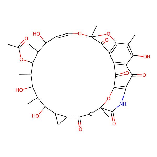 2D Structure of (5,14,18,20-Tetrahydroxy-6,10,15,17,19,26-hexamethyl-2,9,24,27,31-pentaoxo-11,30,32-trioxa-28-azahexacyclo[24.3.1.14,29.17,10.03,8.021,23]dotriaconta-1(29),3,5,7,12-pentaen-16-yl) acetate