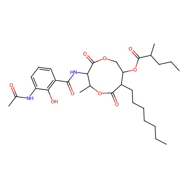 2D Structure of [(2R,3S,7R,8R)-3-[(3-acetamido-2-hydroxybenzoyl)amino]-8-heptyl-2-methyl-4,9-dioxo-1,5-dioxonan-7-yl] (2S)-2-methylpentanoate