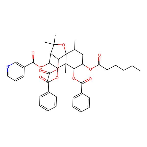 2D Structure of (12-Acetyloxy-5,7-dibenzoyloxy-4-hexanoyloxy-2,6,10,10-tetramethyl-11-oxatricyclo[7.2.1.01,6]dodecan-8-yl) pyridine-3-carboxylate