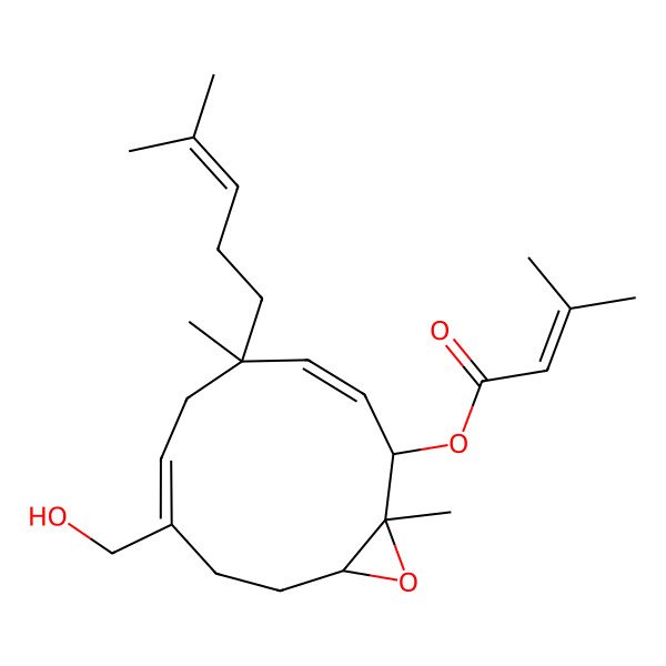 2D Structure of [(1R,2S,3E,5S,7E,11R)-8-(hydroxymethyl)-1,5-dimethyl-5-(4-methylpent-3-enyl)-12-oxabicyclo[9.1.0]dodeca-3,7-dien-2-yl] 3-methylbut-2-enoate