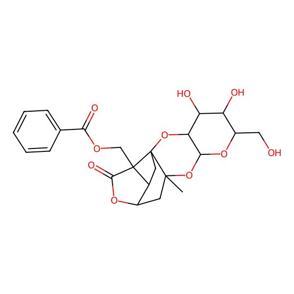 2D Structure of [(1R,3R,4S,5S,6S,8S,10R,12R,15S,16R)-4,5-dihydroxy-6-(hydroxymethyl)-10-methyl-14-oxo-2,7,9,13-tetraoxapentacyclo[8.7.0.01,15.03,8.012,16]heptadecan-15-yl]methyl benzoate