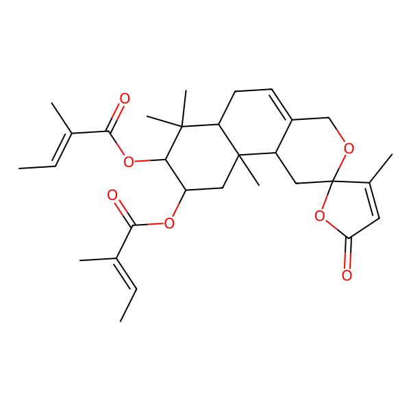 2D Structure of [(2R,6aR,8S,9R,10aR,10bR)-3',7,7,10a-tetramethyl-8-[(Z)-2-methylbut-2-enoyl]oxy-5'-oxospiro[1,4,6,6a,8,9,10,10b-octahydrobenzo[f]isochromene-2,2'-furan]-9-yl] (Z)-2-methylbut-2-enoate