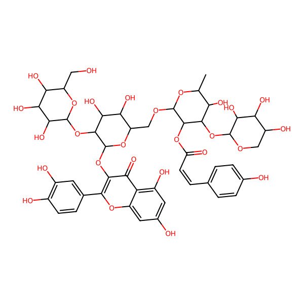 2D Structure of [(2R,3R,4R,5S,6S)-2-[[(2R,3S,4S,5R,6S)-6-[2-(3,4-dihydroxyphenyl)-5,7-dihydroxy-4-oxochromen-3-yl]oxy-3,4-dihydroxy-5-[(2S,3R,4S,5S,6R)-3,4,5-trihydroxy-6-(hydroxymethyl)oxan-2-yl]oxyoxan-2-yl]methoxy]-5-hydroxy-6-methyl-4-[(2R,3S,4R,5S)-3,4,5-trihydroxyoxan-2-yl]oxyoxan-3-yl] (E)-3-(4-hydroxyphenyl)prop-2-enoate