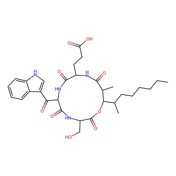 2D Structure of cyclo[DL-Glu-DL-Trp(b-oxo)-DL-Ser-ObAla(2-Me,3-oct-2-yl)]