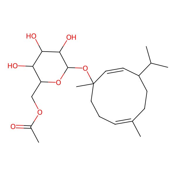 2D Structure of [(2R,3S,4S,5R,6S)-6-[(1R,2E,4S,7E)-1,7-dimethyl-4-propan-2-ylcyclodeca-2,7-dien-1-yl]oxy-3,4,5-trihydroxyoxan-2-yl]methyl acetate