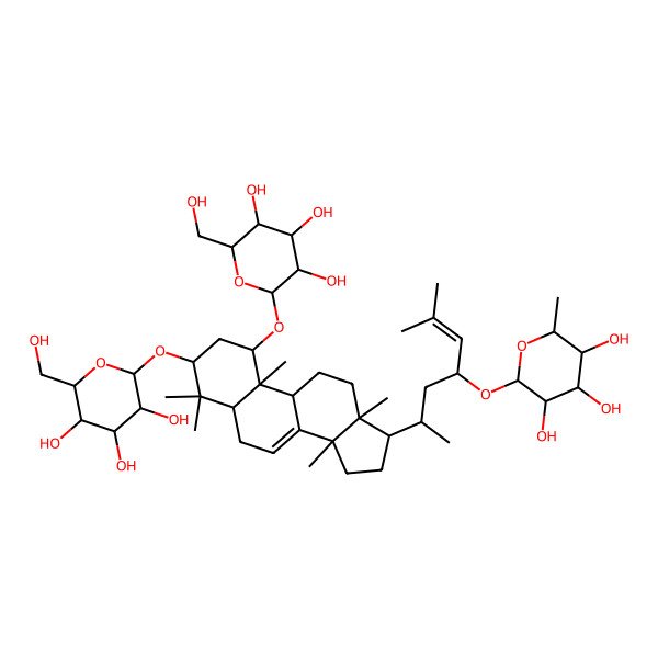 2D Structure of 2-methyl-6-[2-methyl-6-[4,4,10,13,14-pentamethyl-1,3-bis[[3,4,5-trihydroxy-6-(hydroxymethyl)oxan-2-yl]oxy]-2,3,5,6,9,11,12,15,16,17-decahydro-1H-cyclopenta[a]phenanthren-17-yl]hept-2-en-4-yl]oxyoxane-3,4,5-triol