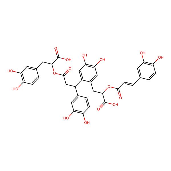 2D Structure of (2R)-2-[(3S)-3-[2-[(2R)-2-carboxy-2-[(E)-3-(3,4-dihydroxyphenyl)prop-2-enoyl]oxyethyl]-4,5-dihydroxyphenyl]-3-(3,4-dihydroxyphenyl)propanoyl]oxy-3-(3,4-dihydroxyphenyl)propanoic acid