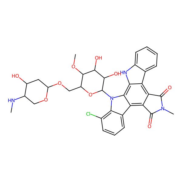 2D Structure of 5-chloro-3-[(2R,3S,4R,5S,6R)-3,4-dihydroxy-6-[[(2S,4S,5S)-4-hydroxy-5-(methylamino)oxan-2-yl]oxymethyl]-5-methoxyoxan-2-yl]-13-methyl-3,13,23-triazahexacyclo[14.7.0.02,10.04,9.011,15.017,22]tricosa-1,4(9),5,7,10,15,17,19,21-nonaene-12,14-dione