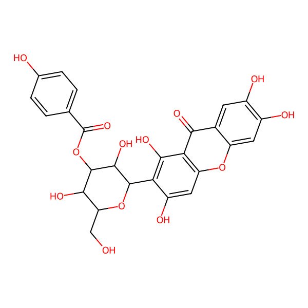 2D Structure of [3,5-Dihydroxy-2-(hydroxymethyl)-6-(1,3,6,7-tetrahydroxy-9-oxoxanthen-2-yl)oxan-4-yl] 4-hydroxybenzoate
