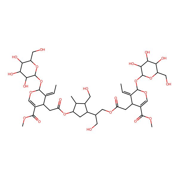 2D Structure of methyl 5-ethylidene-4-[2-[2-[4-[2-[3-ethylidene-5-methoxycarbonyl-2-[3,4,5-trihydroxy-6-(hydroxymethyl)oxan-2-yl]oxy-4H-pyran-4-yl]acetyl]oxy-2-(hydroxymethyl)-3-methylcyclopentyl]-3-hydroxypropoxy]-2-oxoethyl]-6-[3,4,5-trihydroxy-6-(hydroxymethyl)oxan-2-yl]oxy-4H-pyran-3-carboxylate