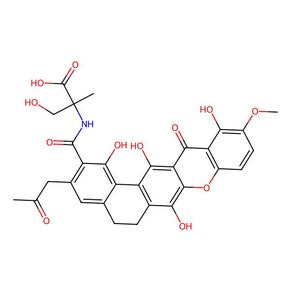2D Structure of 3-Hydroxy-2-methyl-2-[[1,7,12,14-tetrahydroxy-11-methoxy-13-oxo-3-(2-oxopropyl)-5,6-dihydronaphtho[1,2-b]xanthene-2-carbonyl]amino]propanoic acid