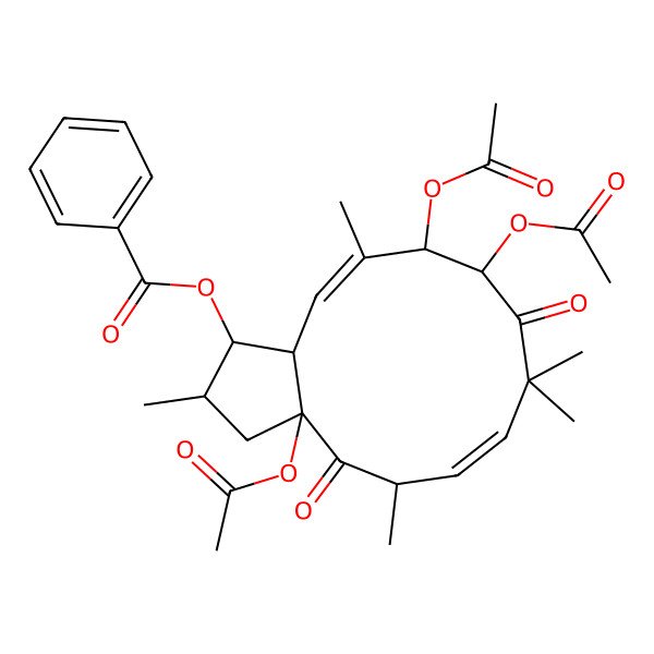 2D Structure of (3a,10,11-triacetyloxy-2,5,8,8,12-pentamethyl-4,9-dioxo-2,3,5,10,11,13a-hexahydro-1H-cyclopenta[12]annulen-1-yl) benzoate