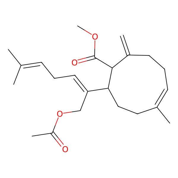 2D Structure of methyl (1R,2S,5E)-2-[(2E)-1-acetyloxy-6-methylhepta-2,5-dien-2-yl]-5-methyl-9-methylidenecyclonon-5-ene-1-carboxylate