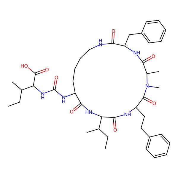 2D Structure of (2R,3S)-2-[[(3S,6S,9R,12S,15R)-3-benzyl-12-[(2S)-butan-2-yl]-6,7-dimethyl-2,5,8,11,14-pentaoxo-9-(2-phenylethyl)-1,4,7,10,13-pentazacyclononadec-15-yl]carbamoylamino]-3-methylpentanoic acid