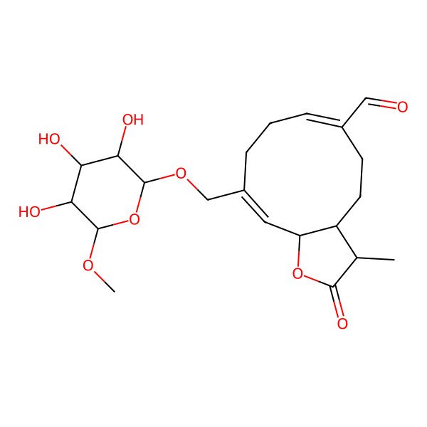 2D Structure of 3-methyl-2-oxo-10-[(3,4,5-trihydroxy-6-methoxyoxan-2-yl)oxymethyl]-3a,4,5,8,9,11a-hexahydro-3H-cyclodeca[b]furan-6-carbaldehyde
