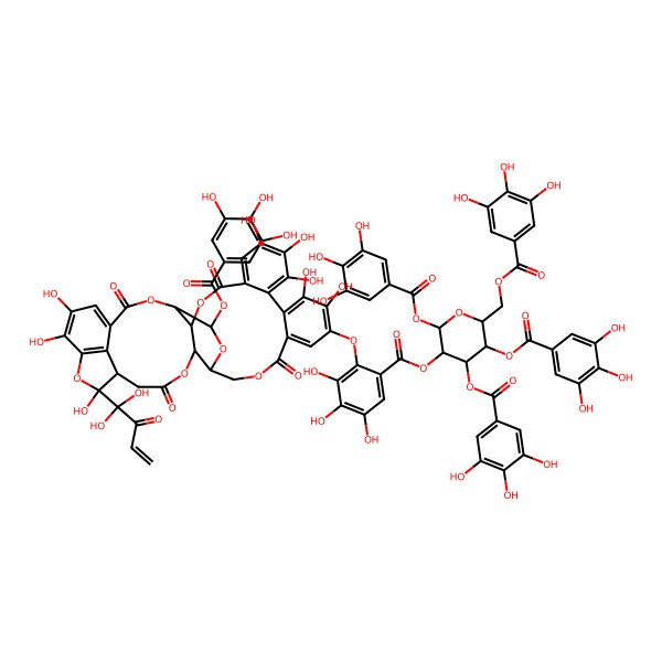 2D Structure of [(2S,3R,4S,5R,6R)-2,4,5-tris[(3,4,5-trihydroxybenzoyl)oxy]-6-[(3,4,5-trihydroxybenzoyl)oxymethyl]oxan-3-yl] 2-[[(4R,5S,7R,25S,26R,30S,31R)-31-(1,1-dihydroxy-2-oxobut-3-enyl)-14,15,18,19,20,31,34,35-octahydroxy-2,10,23,28-tetraoxo-5-(3,4,5-trihydroxybenzoyl)oxy-3,6,9,24,27,32-hexaoxaheptacyclo[28.6.1.04,25.07,26.011,16.017,22.033,37]heptatriaconta-1(36),11,13,15,17,19,21,33(37),34-nonaen-13-yl]oxy]-3,4,5-trihydroxybenzoate