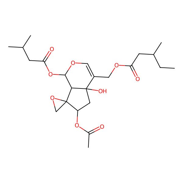 2D Structure of [(1S,4aR,6S,7R,7aS)-6-acetyloxy-4a-hydroxy-1-(3-methylbutanoyloxy)spiro[1,5,6,7a-tetrahydrocyclopenta[c]pyran-7,2'-oxirane]-4-yl]methyl (3S)-3-methylpentanoate