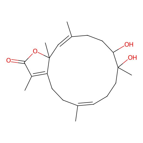 2D Structure of (6E,11R,14E,15aR)-10,11-dihydroxy-3,6,10,14,15a-pentamethyl-5,8,9,11,12,13-hexahydro-4H-cyclotetradeca[b]furan-2-one