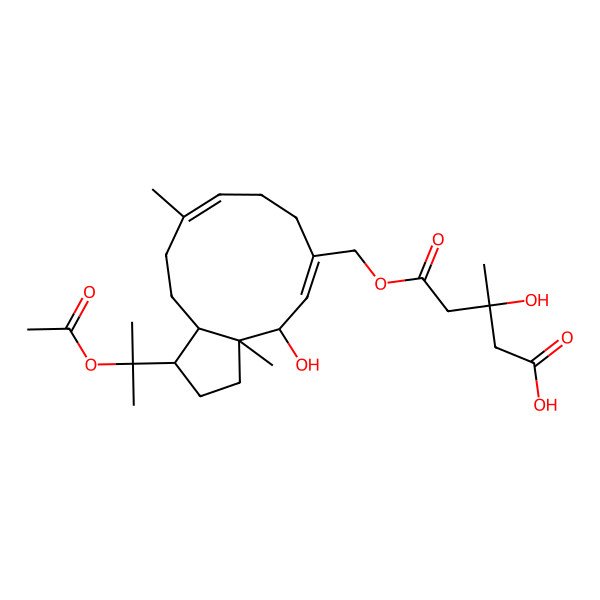 2D Structure of (3S)-5-[[(1R,3aS,4S,5Z,9E,12aS)-1-(2-acetyloxypropan-2-yl)-4-hydroxy-3a,10-dimethyl-2,3,4,7,8,11,12,12a-octahydro-1H-cyclopenta[11]annulen-6-yl]methoxy]-3-hydroxy-3-methyl-5-oxopentanoic acid