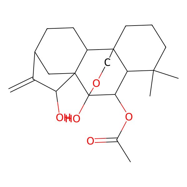 2D Structure of (7,9-Dihydroxy-12,12-dimethyl-6-methylidene-17-oxapentacyclo[7.6.2.15,8.01,11.02,8]octadecan-10-yl) acetate