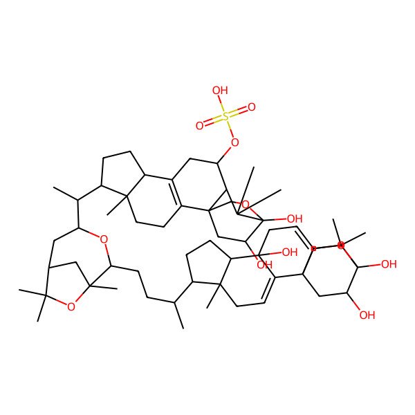 2D Structure of [(1R,5R,6R,9R,12S,15R,19S)-15,19-dihydroxy-5,14,14-trimethyl-6-[(1S)-1-[(1R,2S,4R,6R)-1,7,7-trimethyl-2-[(3R)-3-[(1R,5R,6R,9R,10S,15R,19S)-10,15,19-trihydroxy-5,14,14-trimethyl-16-oxapentacyclo[13.2.2.01,13.02,10.05,9]nonadeca-2,12-dien-6-yl]butyl]-3,8-dioxabicyclo[4.2.1]nonan-4-yl]ethyl]-16-oxapentacyclo[13.2.2.01,13.02,10.05,9]nonadec-2(10)-en-12-yl] hydrogen sulfate