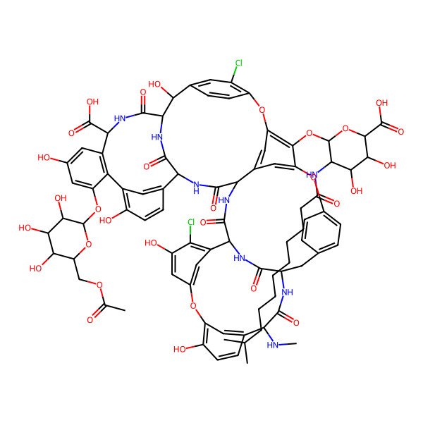 2D Structure of (1S,2R,19R,22R,34S,37R,40R,52S)-47-[(2R,3S,4S,5S,6R)-6-(acetyloxymethyl)-3,4,5-trihydroxyoxan-2-yl]oxy-64-[(2S,3R,4R,5S,6S)-6-carboxy-4,5-dihydroxy-3-(10-methylundecanoylamino)oxan-2-yl]oxy-5,32-dichloro-2,26,31,44,49-pentahydroxy-22-(methylamino)-21,35,38,54,56,59-hexaoxo-7,13,28-trioxa-20,36,39,53,55,58-hexazaundecacyclo[38.14.2.23,6.214,17.219,34.18,12.123,27.129,33.141,45.010,37.046,51]hexahexaconta-3,5,8,10,12(64),14(63),15,17(62),23(61),24,26,29(60),30,32,41(57),42,44,46(51),47,49,65-henicosaene-52-carboxylic acid