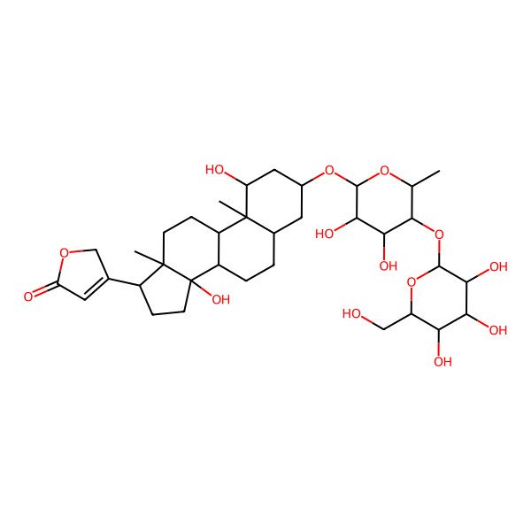 2D Structure of 3-[3-[3,4-dihydroxy-6-methyl-5-[3,4,5-trihydroxy-6-(hydroxymethyl)oxan-2-yl]oxyoxan-2-yl]oxy-1,14-dihydroxy-10,13-dimethyl-1,2,3,4,5,6,7,8,9,11,12,15,16,17-tetradecahydrocyclopenta[a]phenanthren-17-yl]-2H-furan-5-one