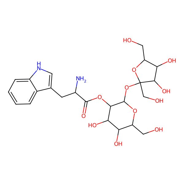 2D Structure of [(2R,3R,4S,5S,6R)-2-[(2S,3S,4S,5R)-3,4-dihydroxy-2,5-bis(hydroxymethyl)oxolan-2-yl]oxy-4,5-dihydroxy-6-(hydroxymethyl)oxan-3-yl] (2S)-2-amino-3-(1H-indol-3-yl)propanoate