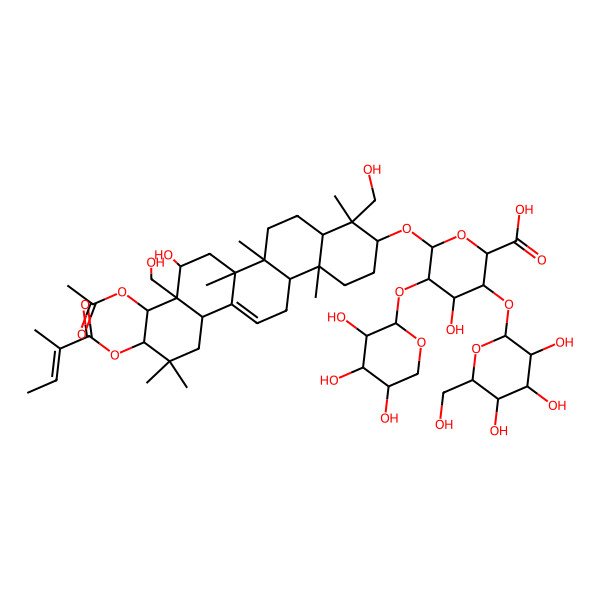 2D Structure of (2R,3S,4S,5R,6S)-6-[[(3S,4R,4aR,6aR,6bR,8S,8aR,9S,10S,12aS,14aS,14bR)-9-acetyloxy-8-hydroxy-4,8a-bis(hydroxymethyl)-4,6a,6b,11,11,14b-hexamethyl-10-[(Z)-2-methylbut-2-enoyl]oxy-1,2,3,4a,5,6,7,8,9,10,12,12a,14,14a-tetradecahydropicen-3-yl]oxy]-4-hydroxy-3-[(2R,3S,4R,5R,6S)-3,4,5-trihydroxy-6-(hydroxymethyl)oxan-2-yl]oxy-5-[(2R,3R,4R,5R)-3,4,5-trihydroxyoxan-2-yl]oxyoxane-2-carboxylic acid
