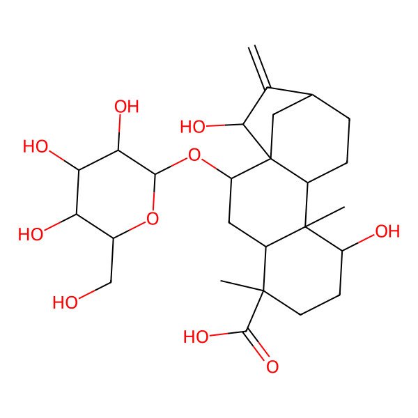 2D Structure of (1R,2R,4R,5S,8R,9R,10R,13S,15R)-8,15-dihydroxy-5,9-dimethyl-14-methylidene-2-[(2S,3S,4R,5R,6S)-3,4,5-trihydroxy-6-(hydroxymethyl)oxan-2-yl]oxytetracyclo[11.2.1.01,10.04,9]hexadecane-5-carboxylic acid