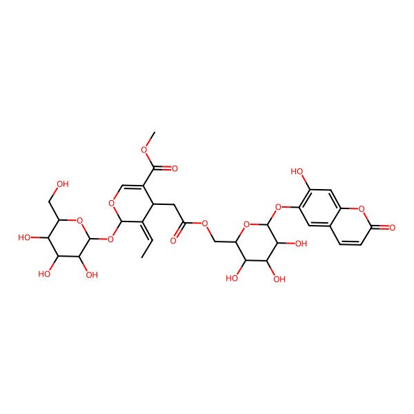 2D Structure of methyl 5-ethylidene-4-[2-oxo-2-[[3,4,5-trihydroxy-6-(7-hydroxy-2-oxochromen-6-yl)oxyoxan-2-yl]methoxy]ethyl]-6-[3,4,5-trihydroxy-6-(hydroxymethyl)oxan-2-yl]oxy-4H-pyran-3-carboxylate