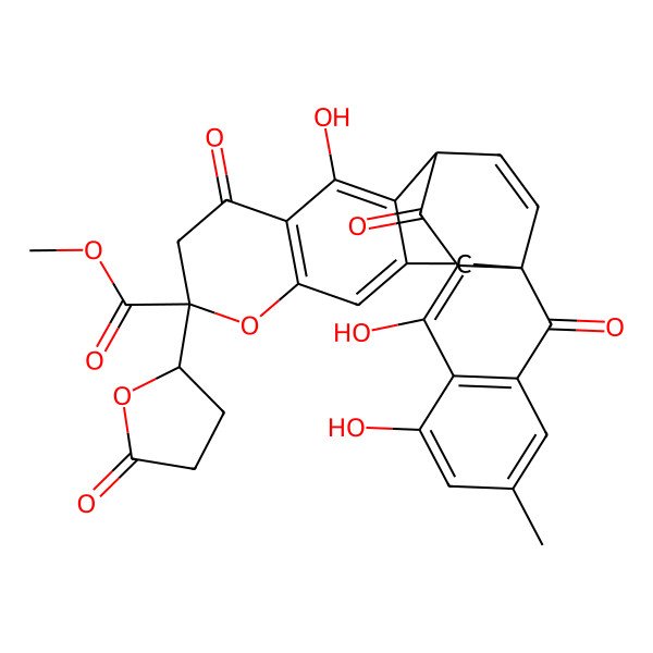2D Structure of Methyl 11,16,18-trihydroxy-20-methyl-9,14,23-trioxo-7-(5-oxooxolan-2-yl)-6-oxahexacyclo[11.10.2.01,15.03,12.05,10.017,22]pentacosa-3,5(10),11,15,17(22),18,20,24-octaene-7-carboxylate