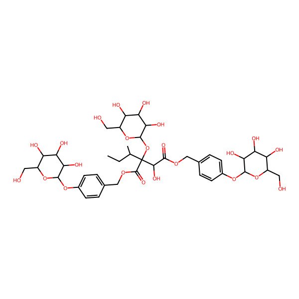 2D Structure of bis[[4-[(2S,3R,4S,5S,6R)-3,4,5-trihydroxy-6-(hydroxymethyl)oxan-2-yl]oxyphenyl]methyl] (2R,3S)-2-[(2S)-butan-2-yl]-3-hydroxy-2-[(2S,3R,4S,5S,6R)-3,4,5-trihydroxy-6-(hydroxymethyl)oxan-2-yl]oxybutanedioate