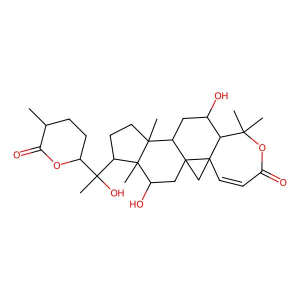 2D Structure of (1R,3S,9S,10S,12S,13S,16S,17R,18S)-10,18-dihydroxy-16-[(1R)-1-hydroxy-1-[(2R,5R)-5-methyl-6-oxooxan-2-yl]ethyl]-8,8,13,17-tetramethyl-7-oxapentacyclo[10.7.0.01,3.03,9.013,17]nonadec-4-en-6-one
