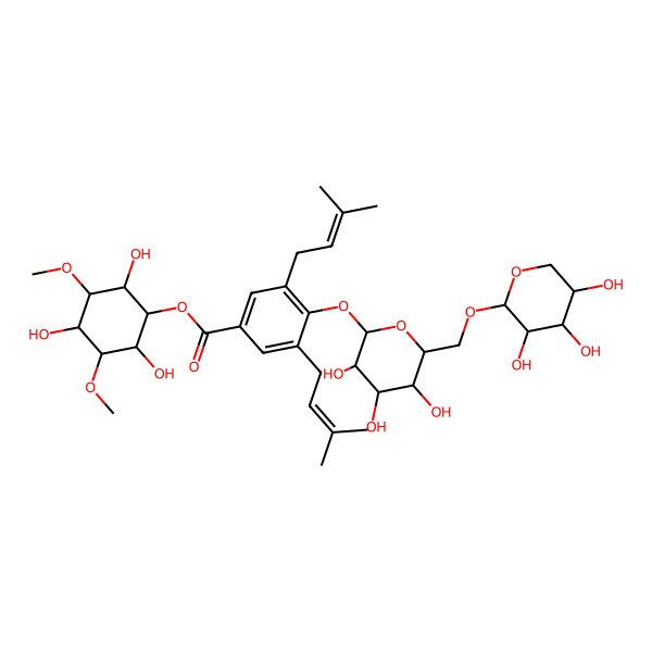 2D Structure of (2,4,6-Trihydroxy-3,5-dimethoxycyclohexyl) 3,5-bis(3-methylbut-2-enyl)-4-[3,4,5-trihydroxy-6-[(3,4,5-trihydroxyoxan-2-yl)oxymethyl]oxan-2-yl]oxybenzoate